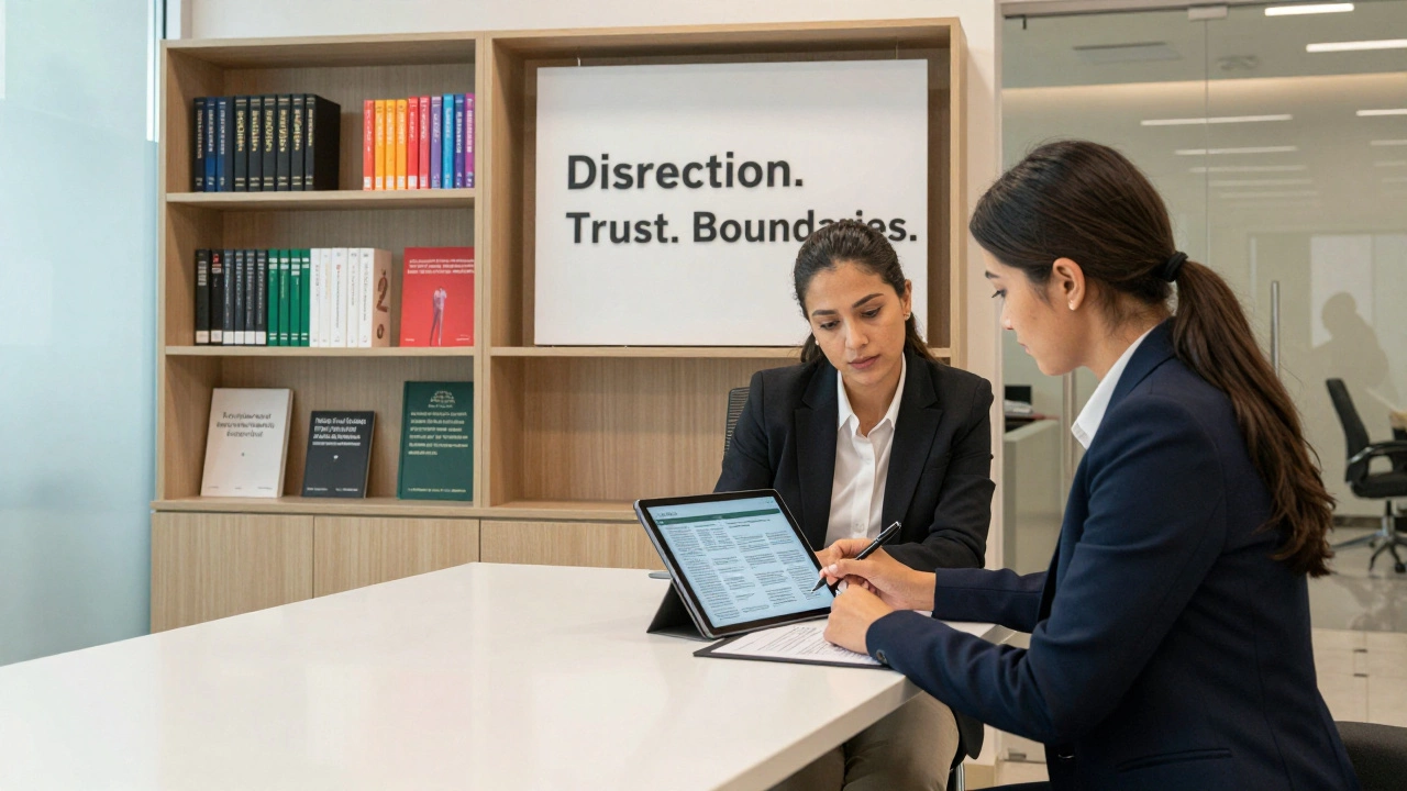A professional agency office in Dubai with clients signing ethical agreements, surrounded by books and cultural resources.