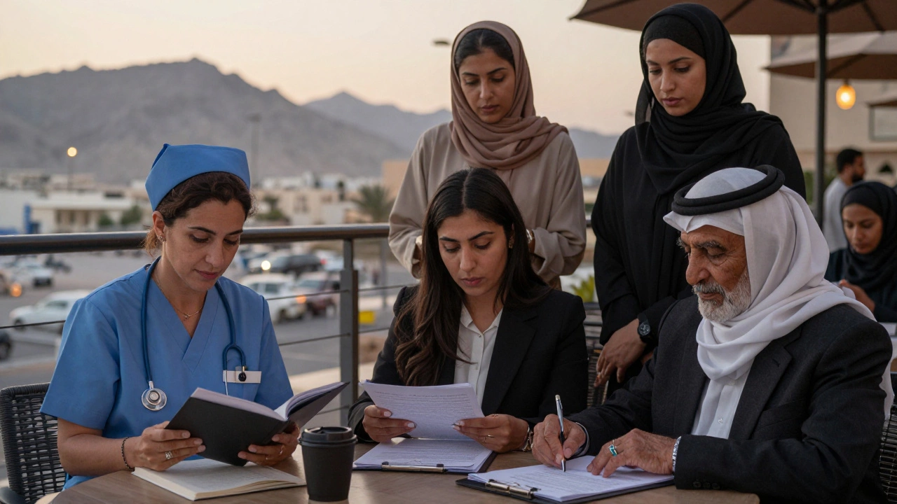 Three women from different backgrounds provide companionship in Dubai—reading poetry, translating, and assisting an elderly man.